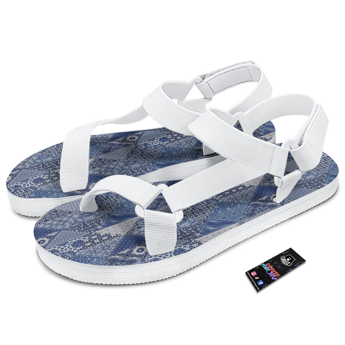 Denim Jeans Patchwork Print Pattern White Open Toe Sandals-grizzshop