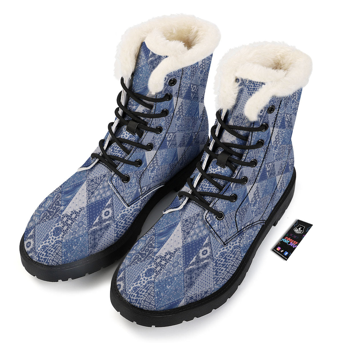 Denim Jeans Patchwork Print Pattern Winter Boots-grizzshop