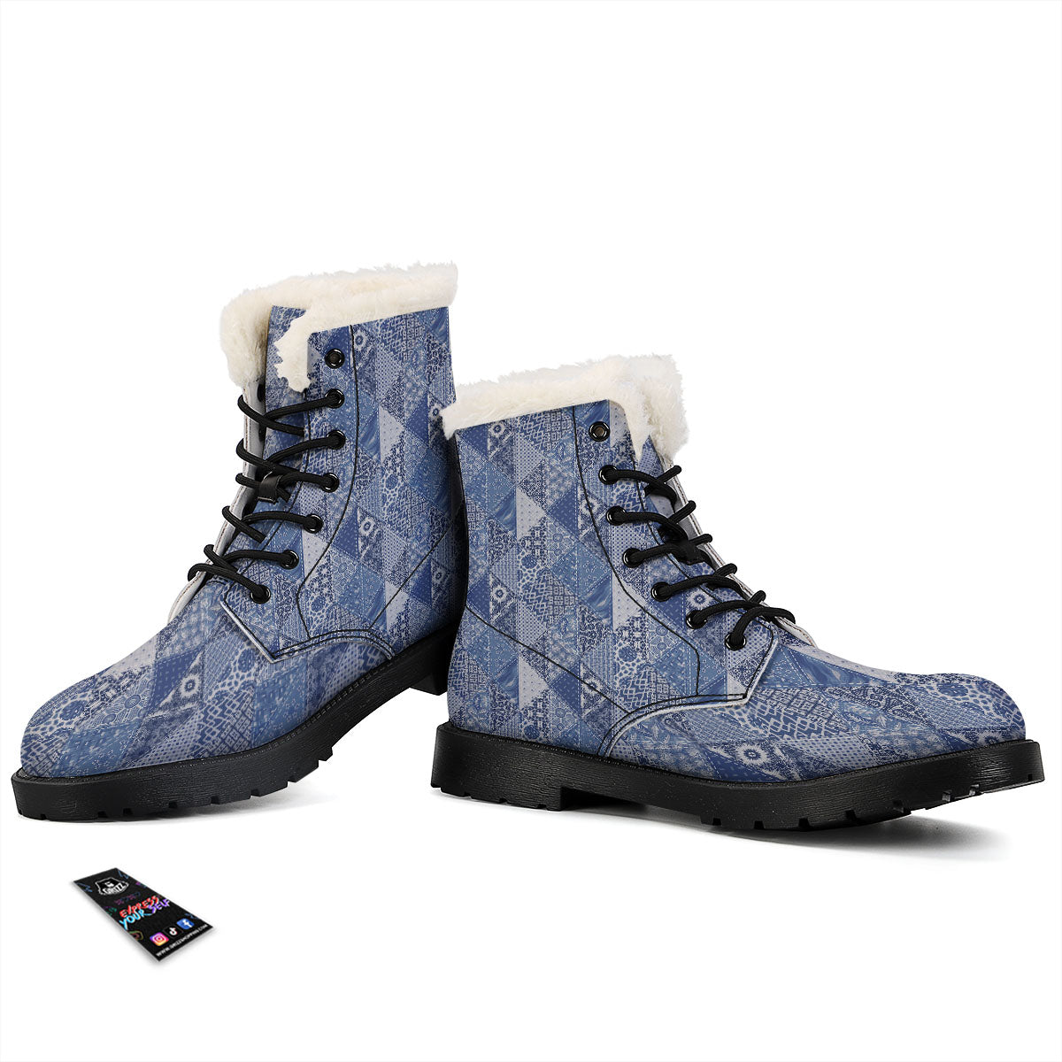 Denim Jeans Patchwork Print Pattern Winter Boots-grizzshop