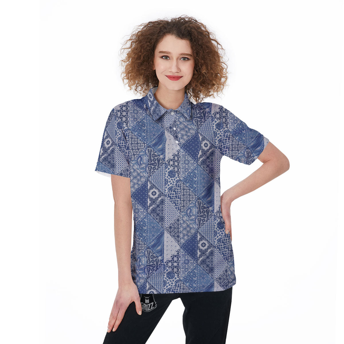 Denim Jeans Patchwork Print Pattern Women's Golf Shirts-grizzshop