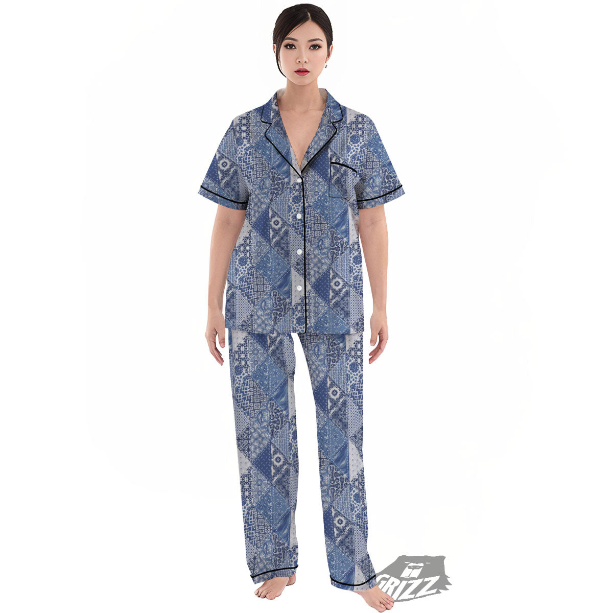 Denim Jeans Patchwork Print Pattern Women's Pajamas Set-grizzshop
