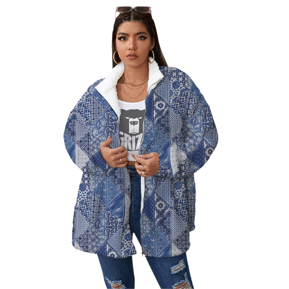 Denim Jeans Patchwork Print Pattern Women's Sherpa Jacket-grizzshop