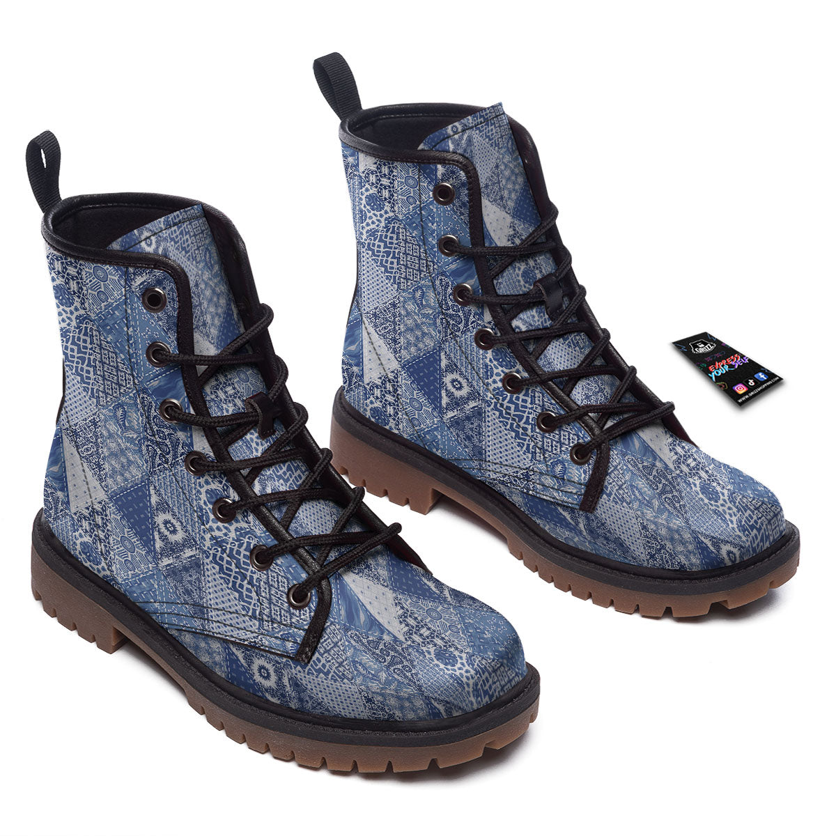 Denim Jeans Patchwork Print Pattern Work Boots-grizzshop