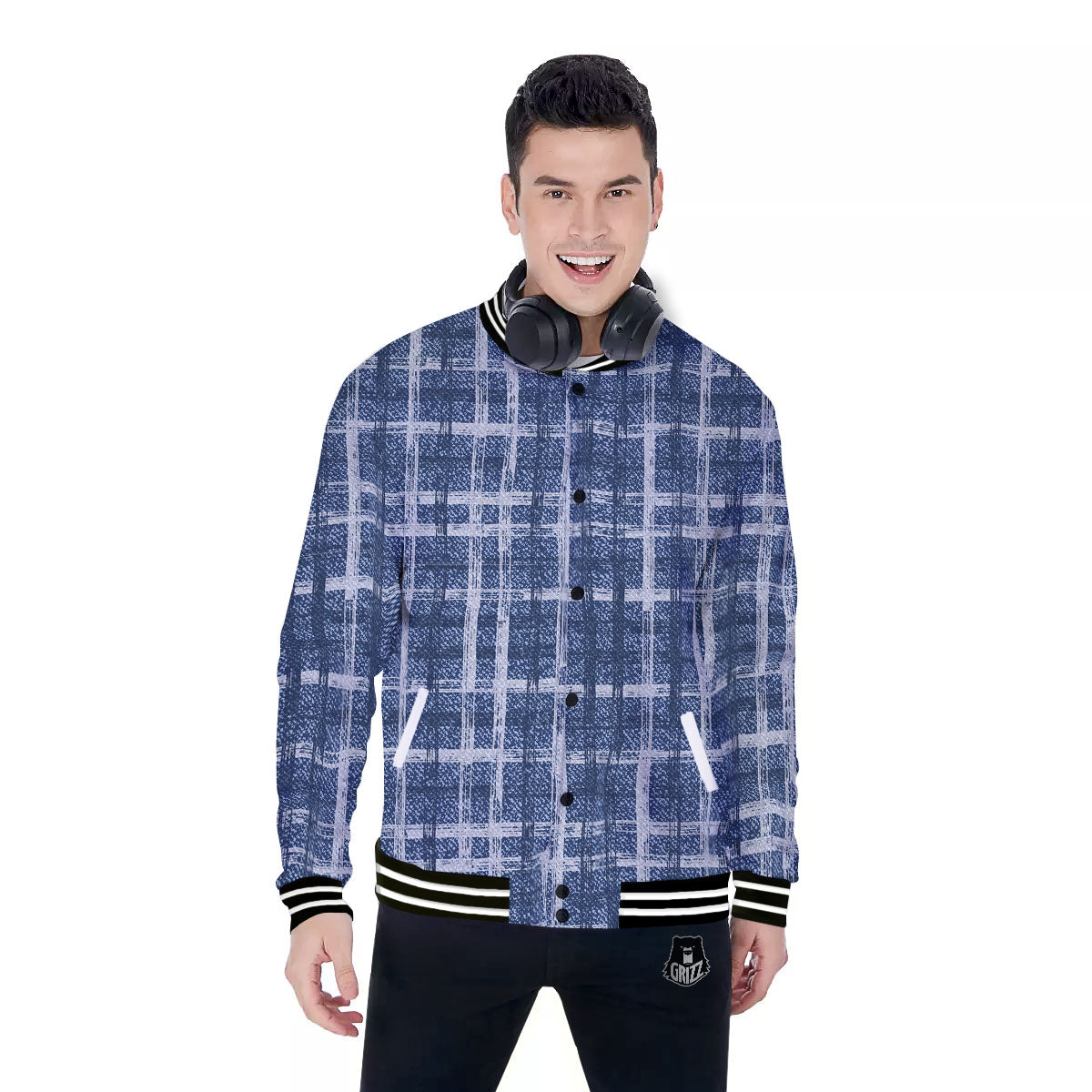 Denim Jeans Plaid Print Pattern Baseball Jacket-grizzshop