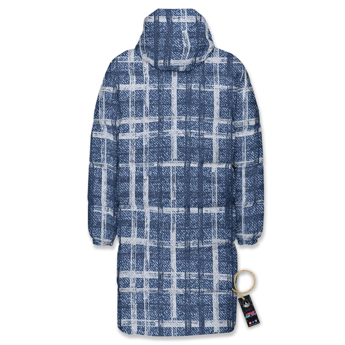 Denim Jeans Plaid Print Pattern Long Down Jacket-grizzshop
