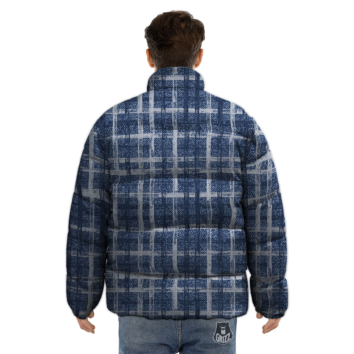Denim Jeans Plaid Print Pattern Puffer Jacket-grizzshop