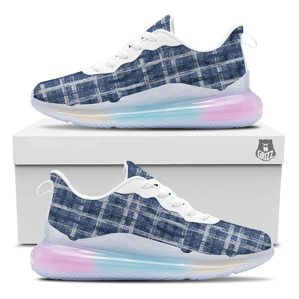 Denim Jeans Plaid Print Pattern Running Sneakers-grizzshop