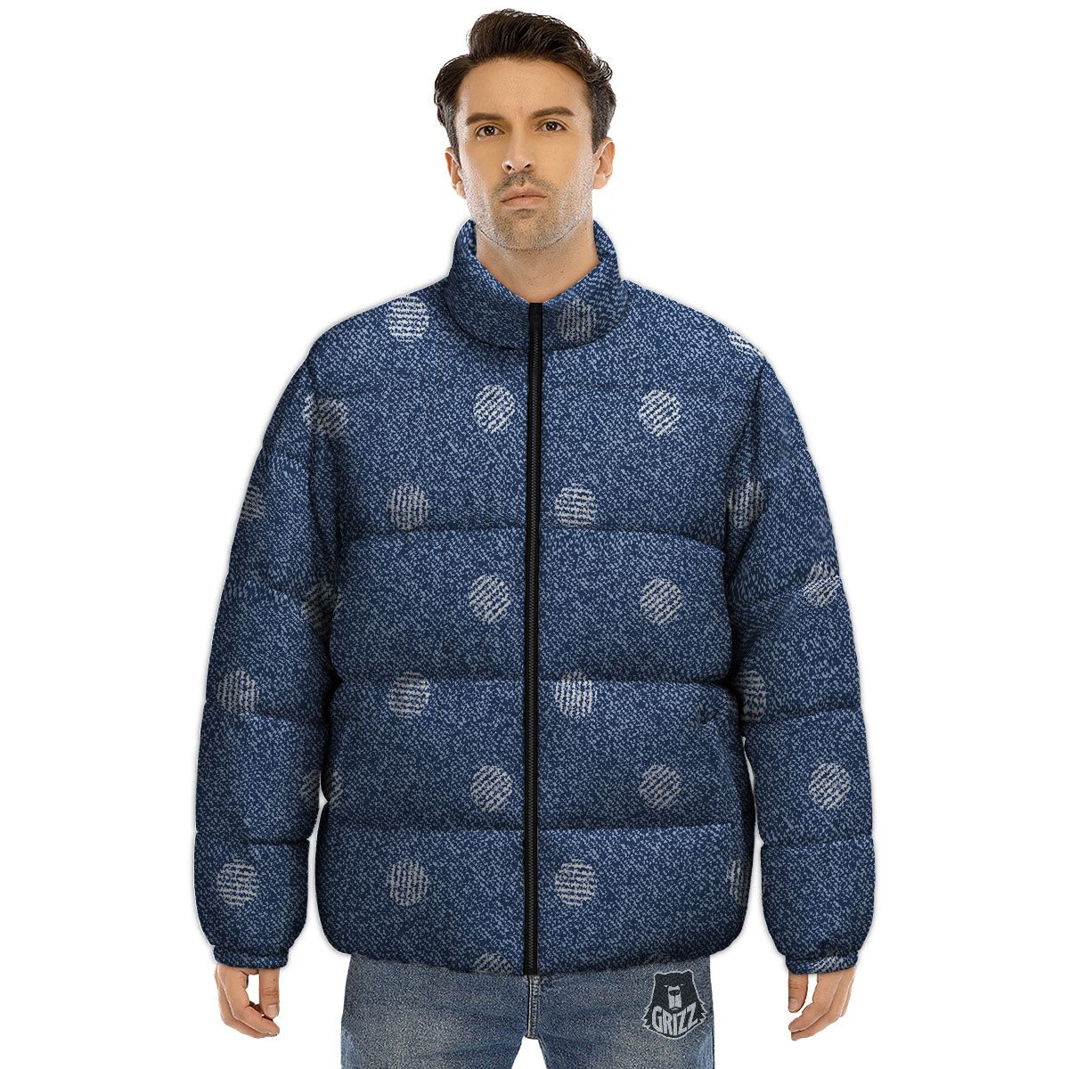 Denim Jeans Polka Dot Print Pattern Puffer Jacket-grizzshop