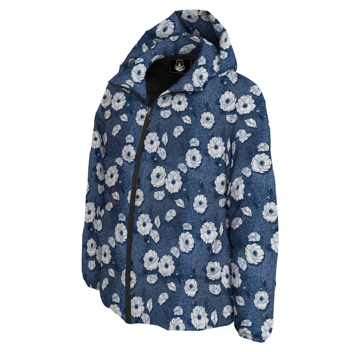 Denim Jeans Rose Print Pattern Down Jacket-grizzshop
