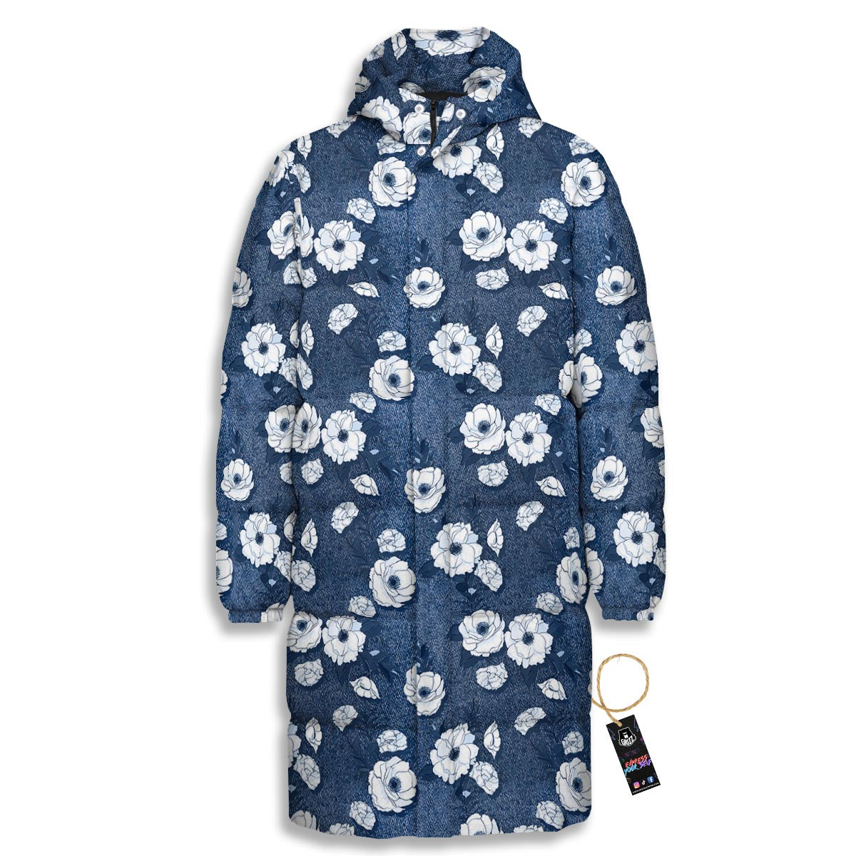 Denim Jeans Rose Print Pattern Long Down Jacket-grizzshop