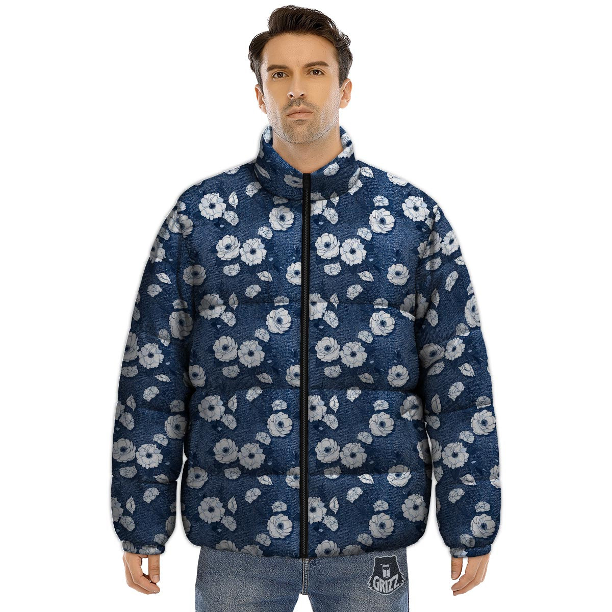 Denim Jeans Rose Print Pattern Puffer Jacket-grizzshop