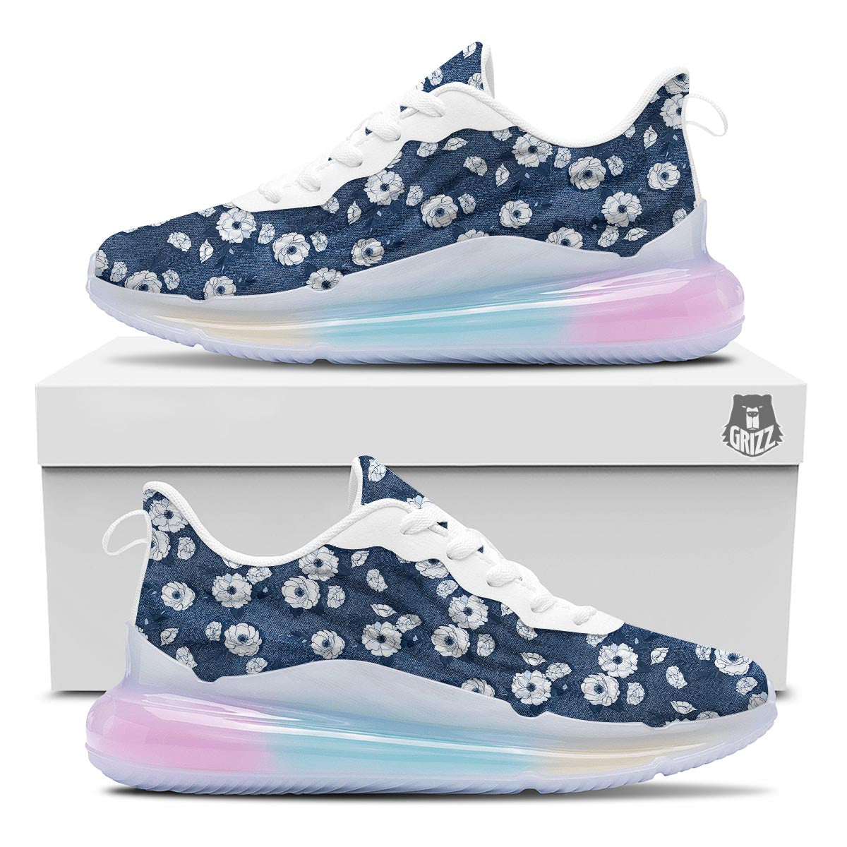 Denim Jeans Rose Print Pattern Running Sneakers-grizzshop