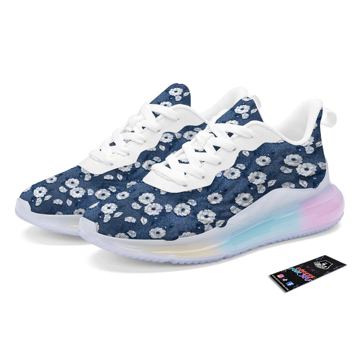 Denim Jeans Rose Print Pattern Running Sneakers-grizzshop