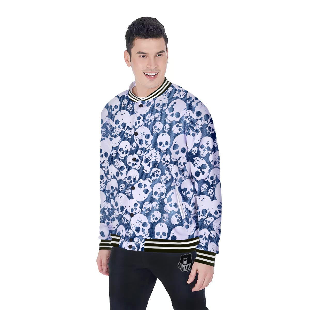 Denim Jeans Skull Print Pattern Baseball Jacket-grizzshop