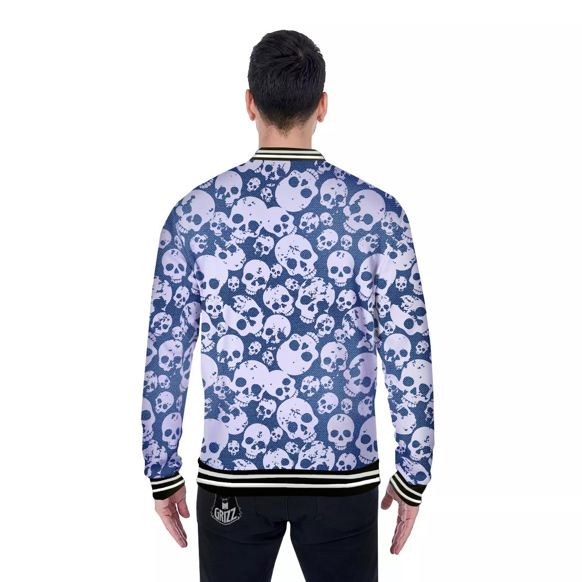 Denim Jeans Skull Print Pattern Baseball Jacket-grizzshop