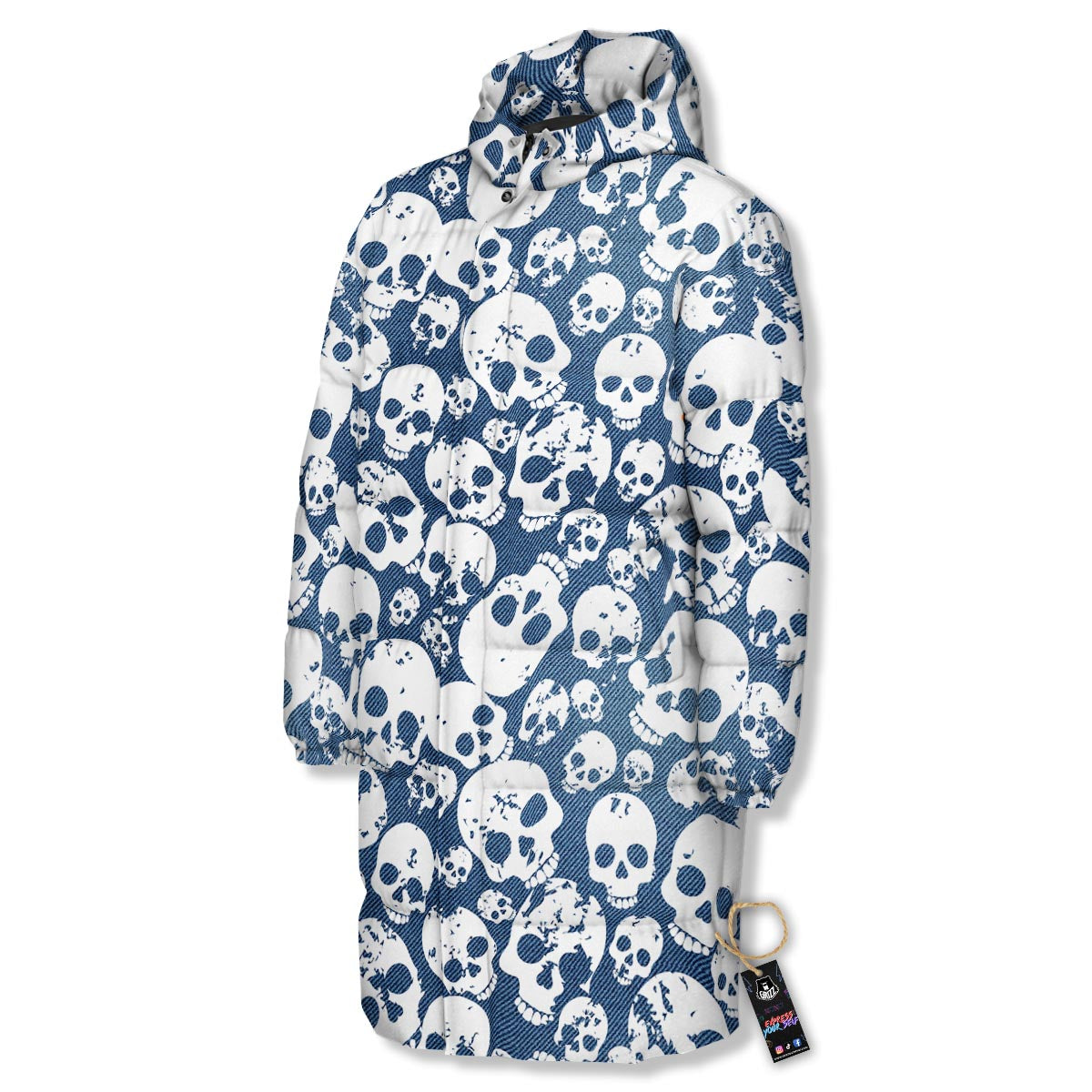 Denim Jeans Skull Print Pattern Long Down Jacket-grizzshop