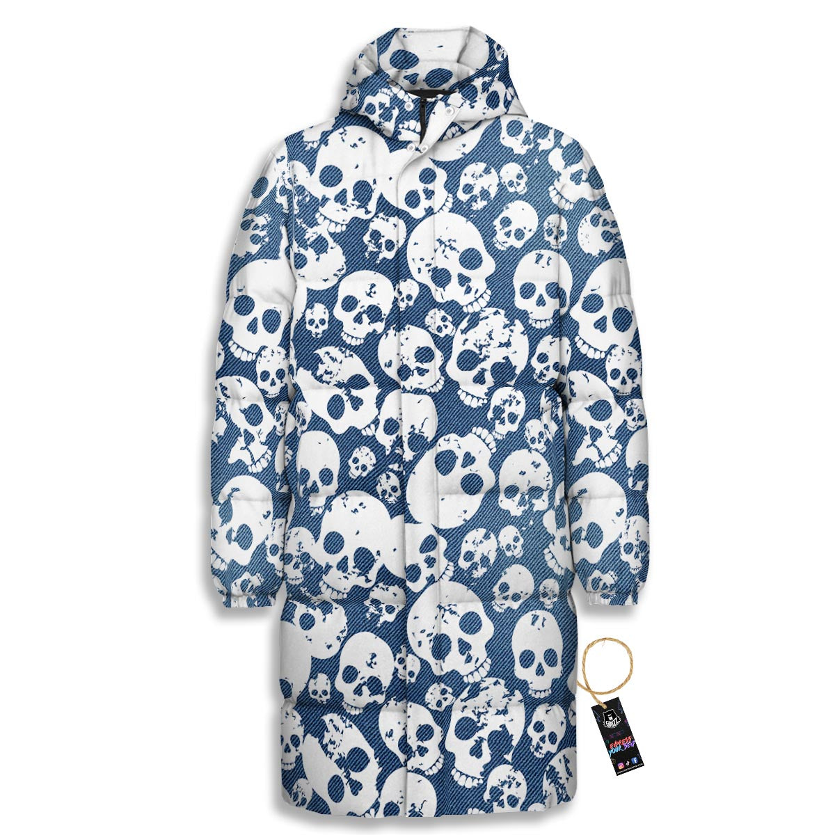 Denim Jeans Skull Print Pattern Long Down Jacket-grizzshop
