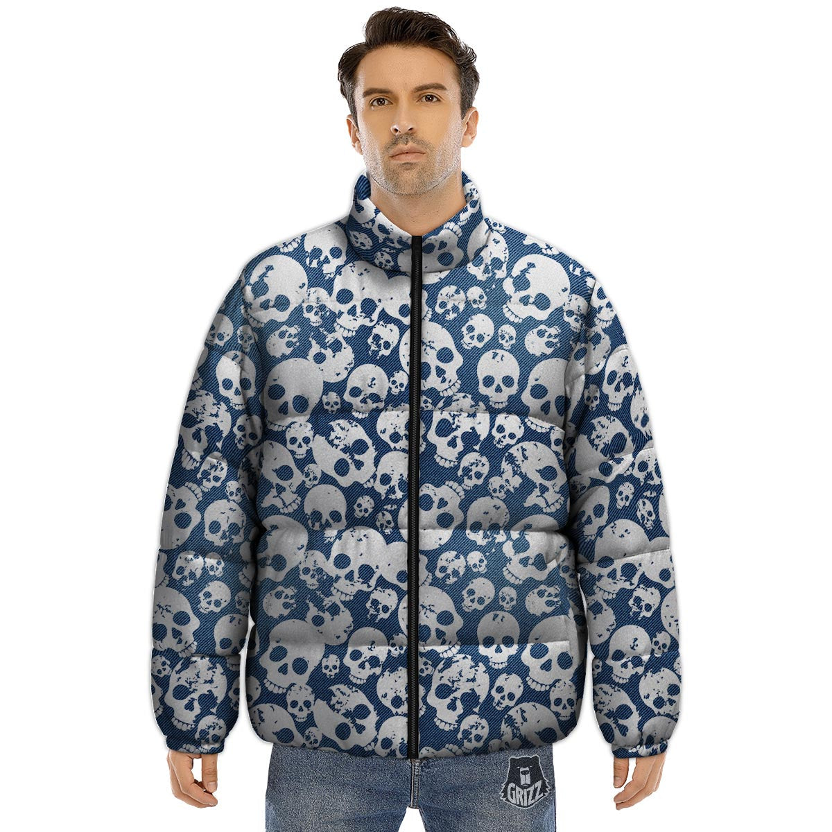 Denim Jeans Skull Print Pattern Puffer Jacket-grizzshop