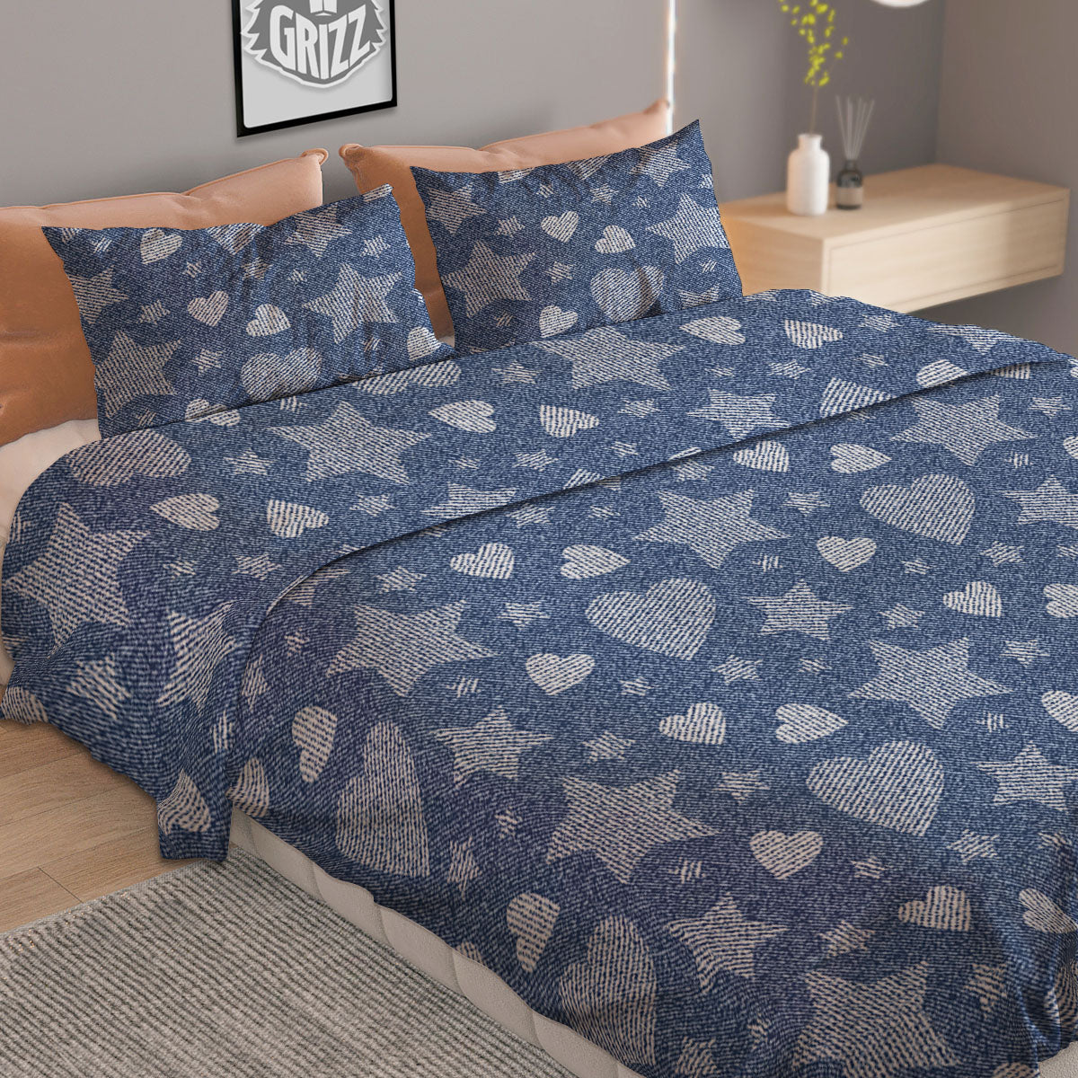 Denim Star Jeans And Heart Print Pattern Duvet Cover Bedding Set