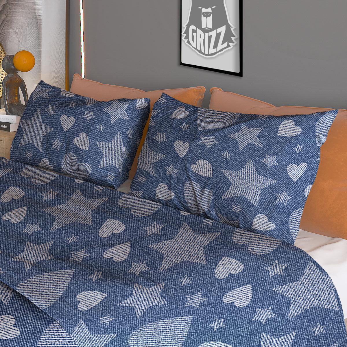Denim Star Jeans And Heart Print Pattern Duvet Cover Bedding Set