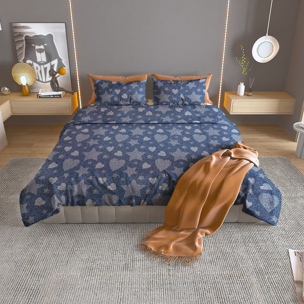 Denim Star Jeans And Heart Print Pattern Duvet Cover Bedding Set