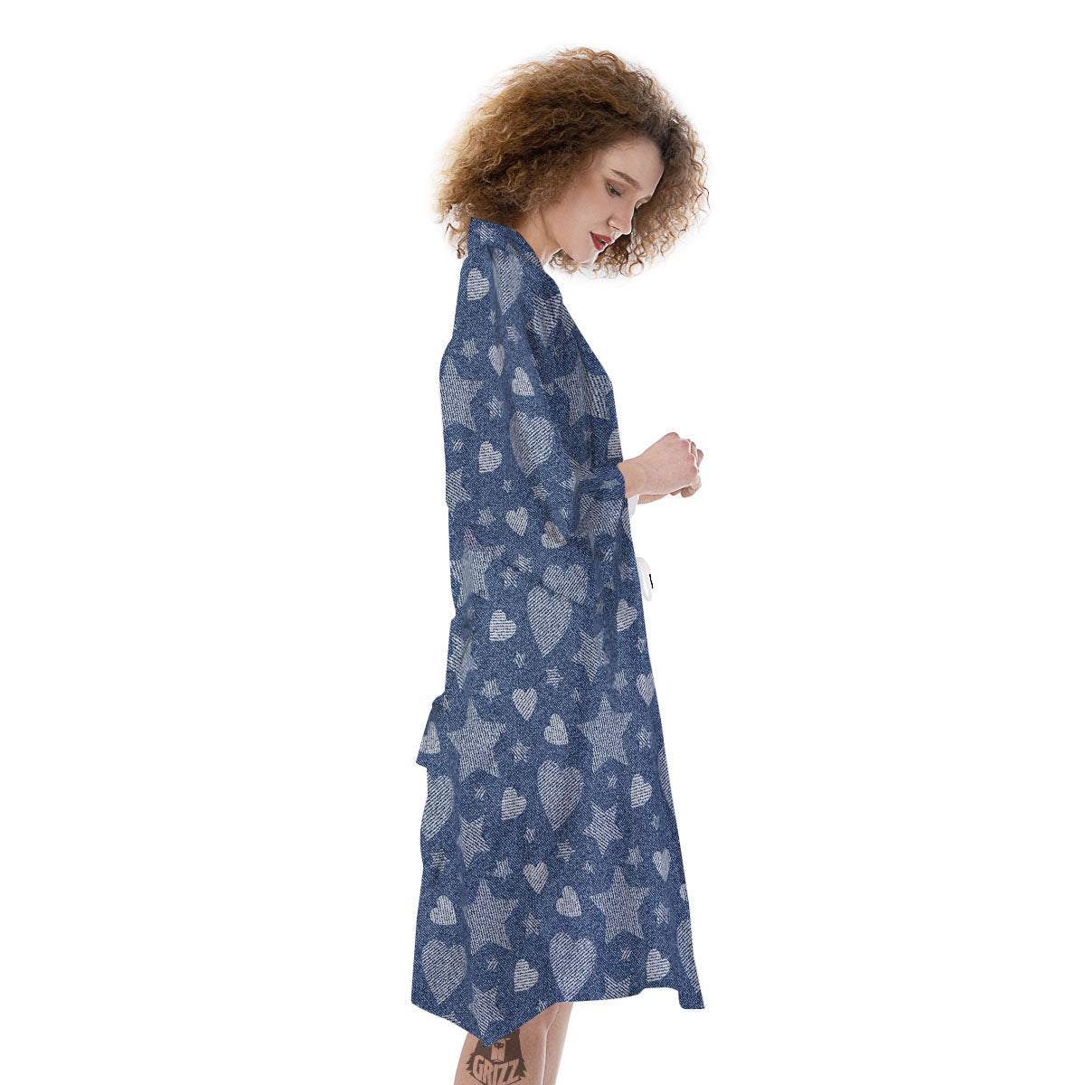 Denim Star Jeans And Heart Print Pattern Kimono-grizzshop