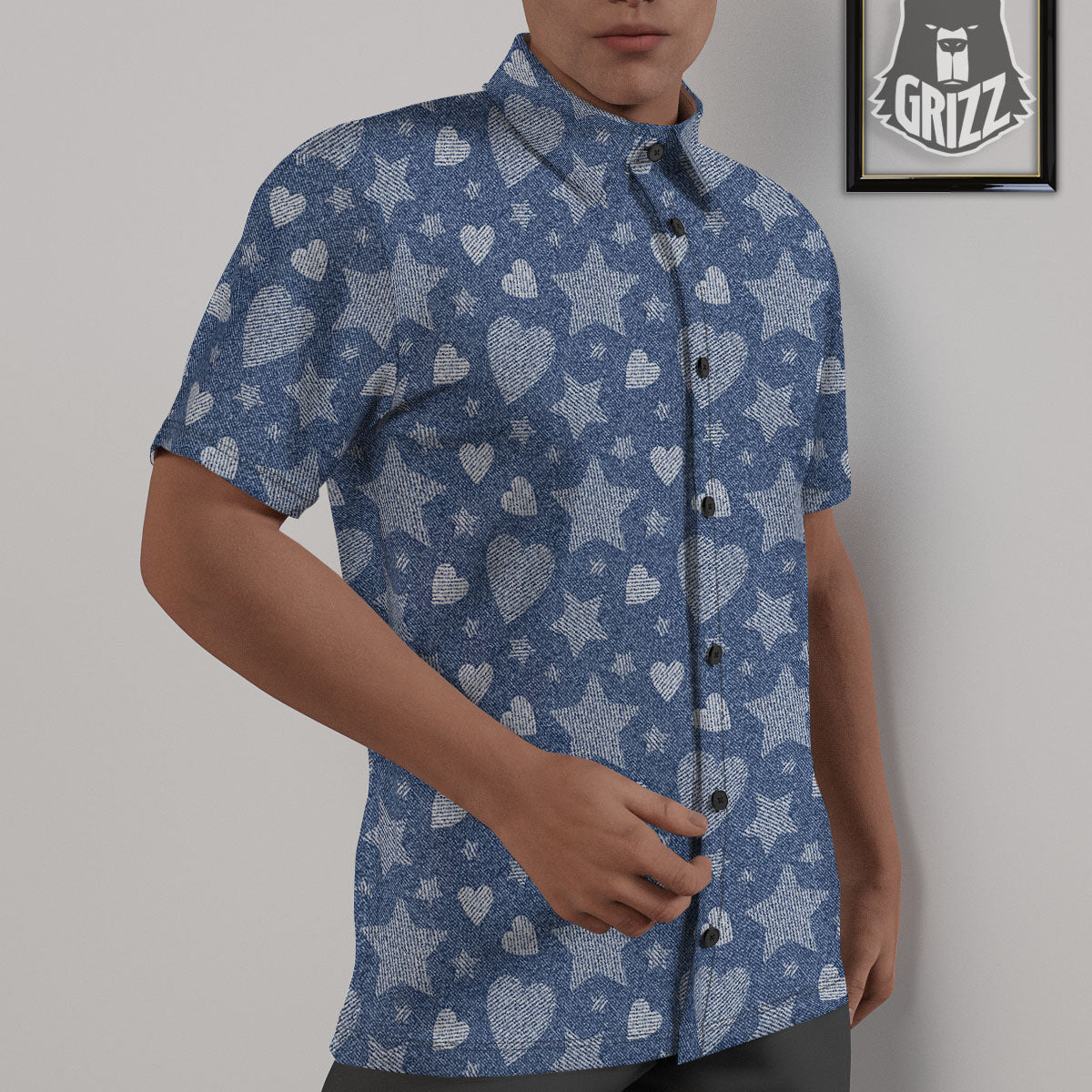 Denim Star Jeans And Heart Print Pattern Untucked Shirts-grizzshop