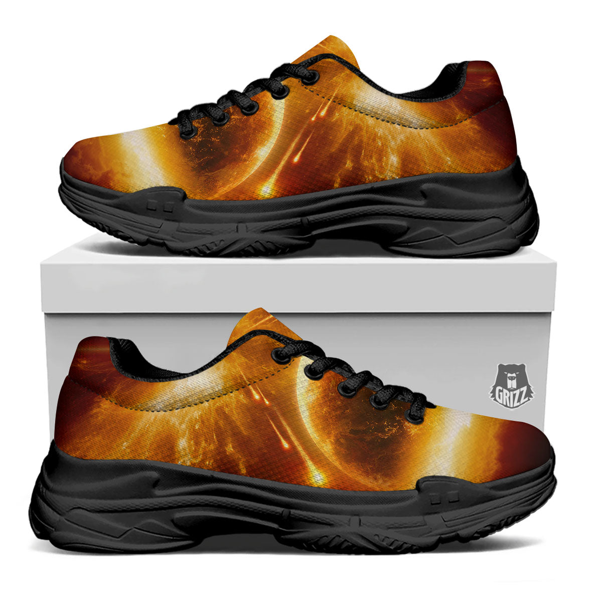 Destruction Of Planet Earth Print Black Chunky Shoes-grizzshop
