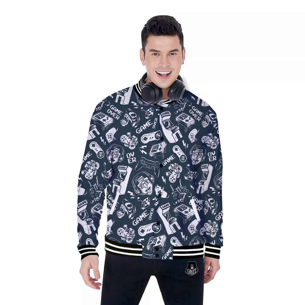 Devices Video Game Print Pattern Baseball Jacket-grizzshop