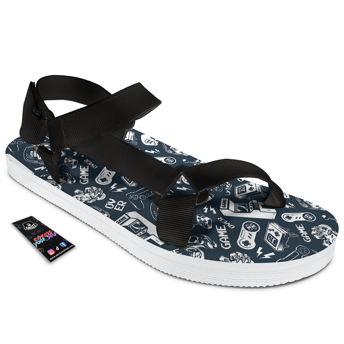 Devices Video Game Print Pattern Black Open Toe Sandals-grizzshop