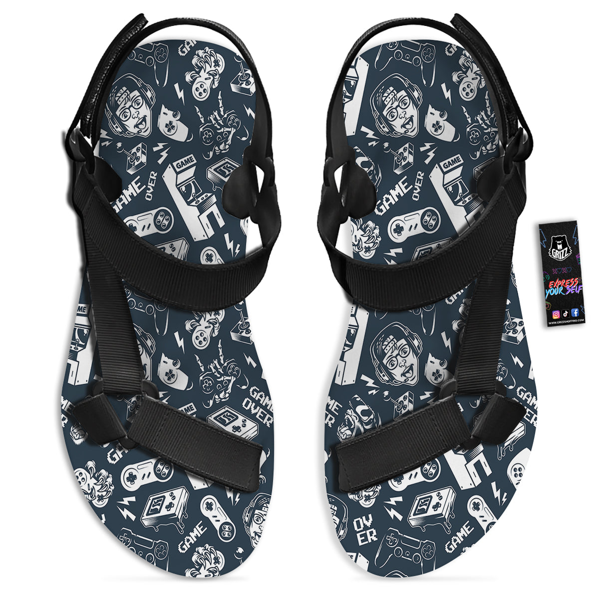 Devices Video Game Print Pattern Black Open Toe Sandals-grizzshop