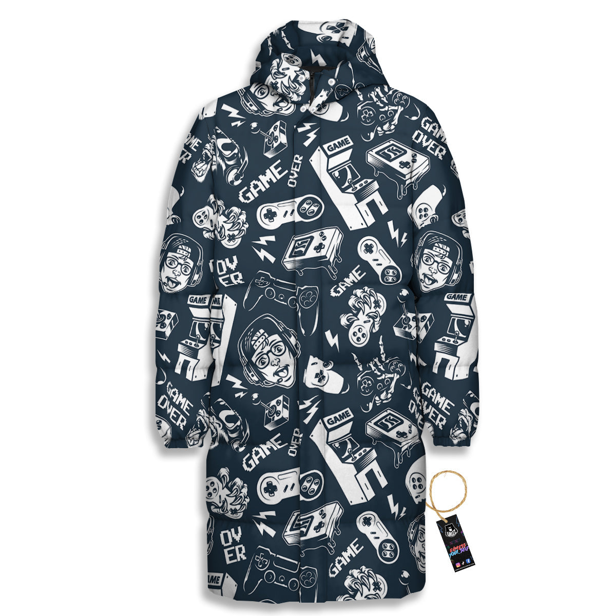 Devices Video Game Print Pattern Long Down Jacket-grizzshop