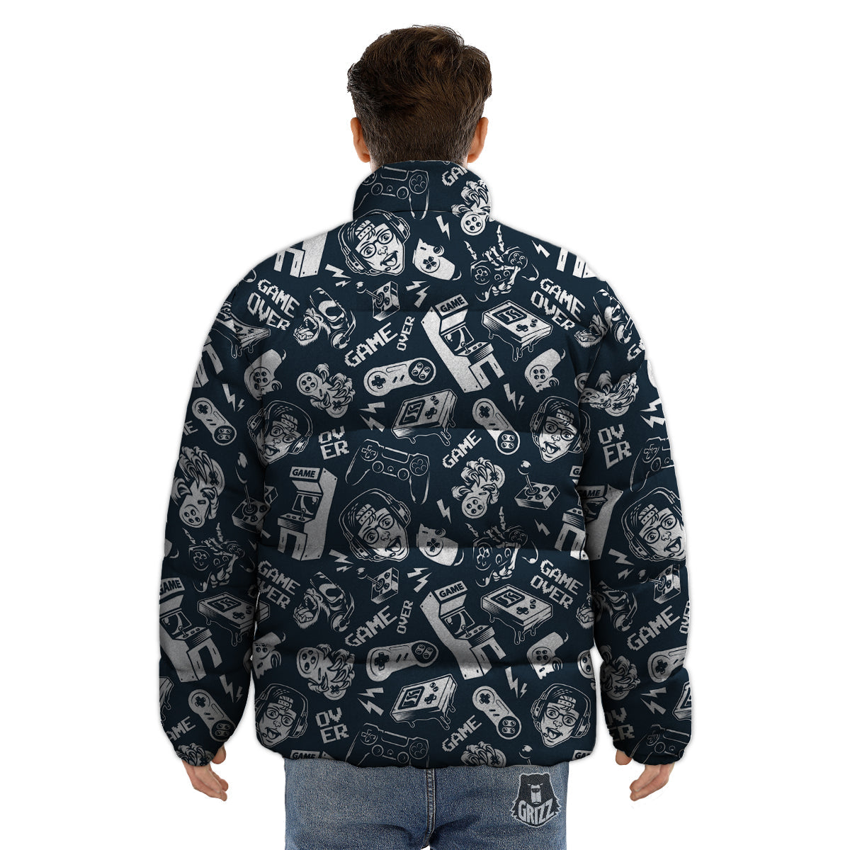 Devices Video Game Print Pattern Puffer Jacket-grizzshop