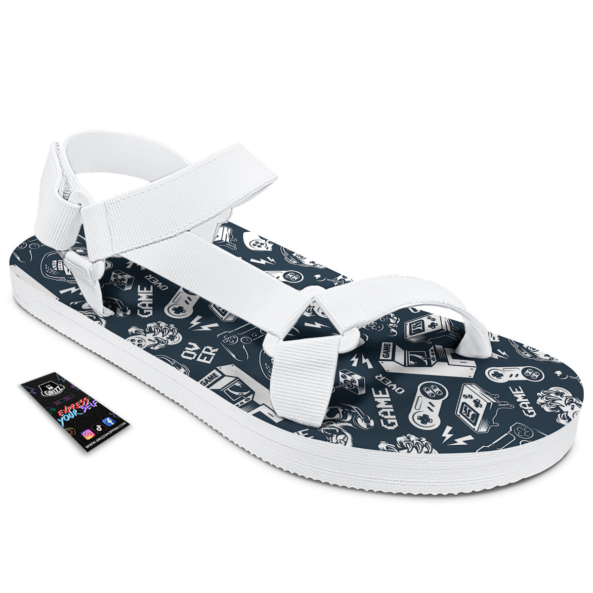 Devices Video Game Print Pattern White Open Toe Sandals-grizzshop