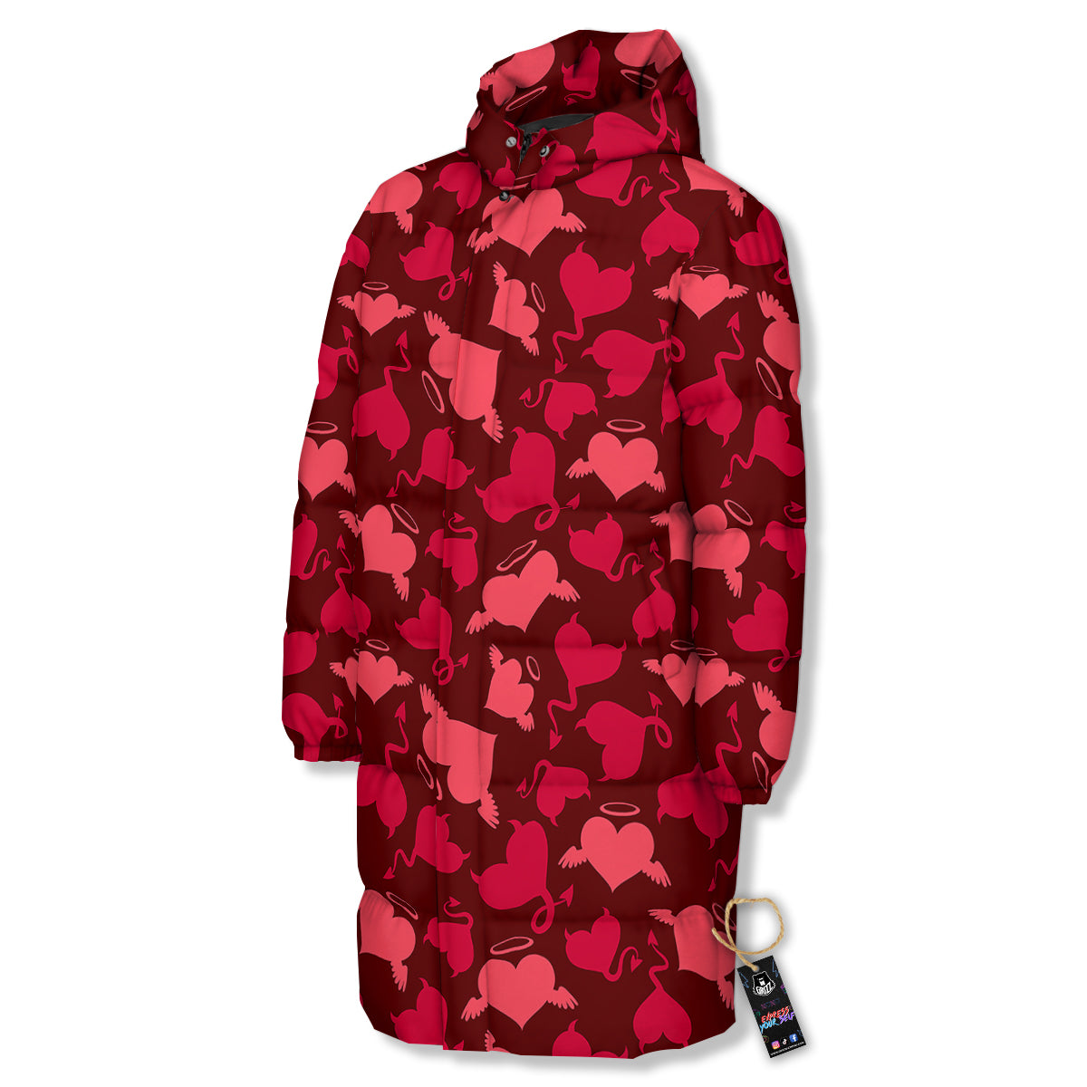 Devil And Angel Hearts Print Pattern Long Down Jacket-grizzshop