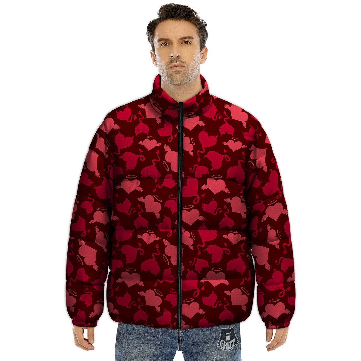 Devil And Angel Hearts Print Pattern Puffer Jacket-grizzshop