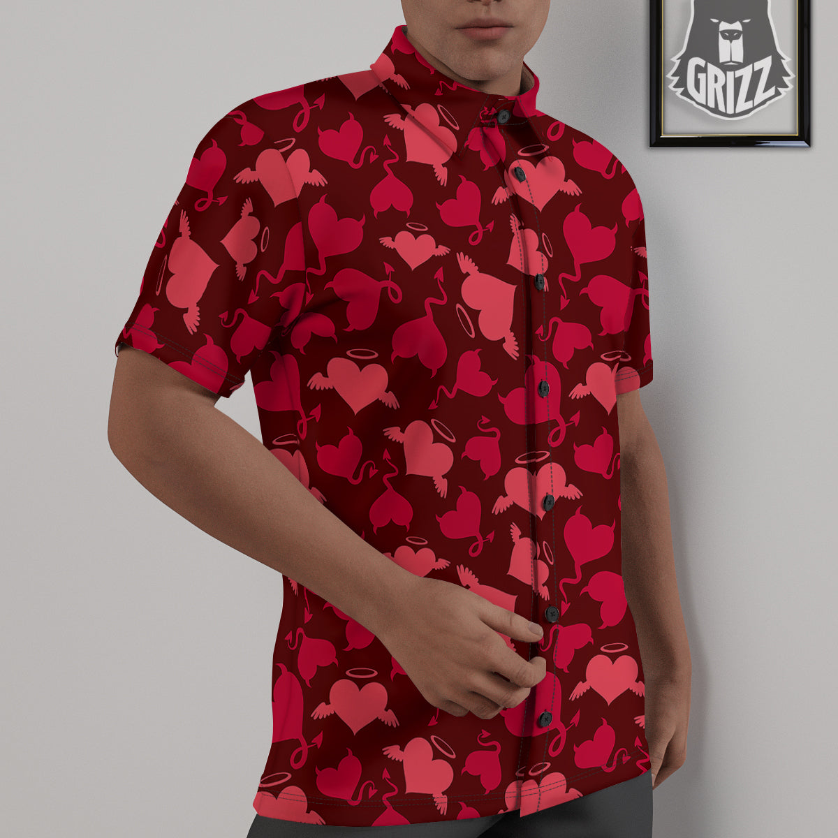 Devil And Angel Hearts Print Pattern Untucked Shirts-grizzshop