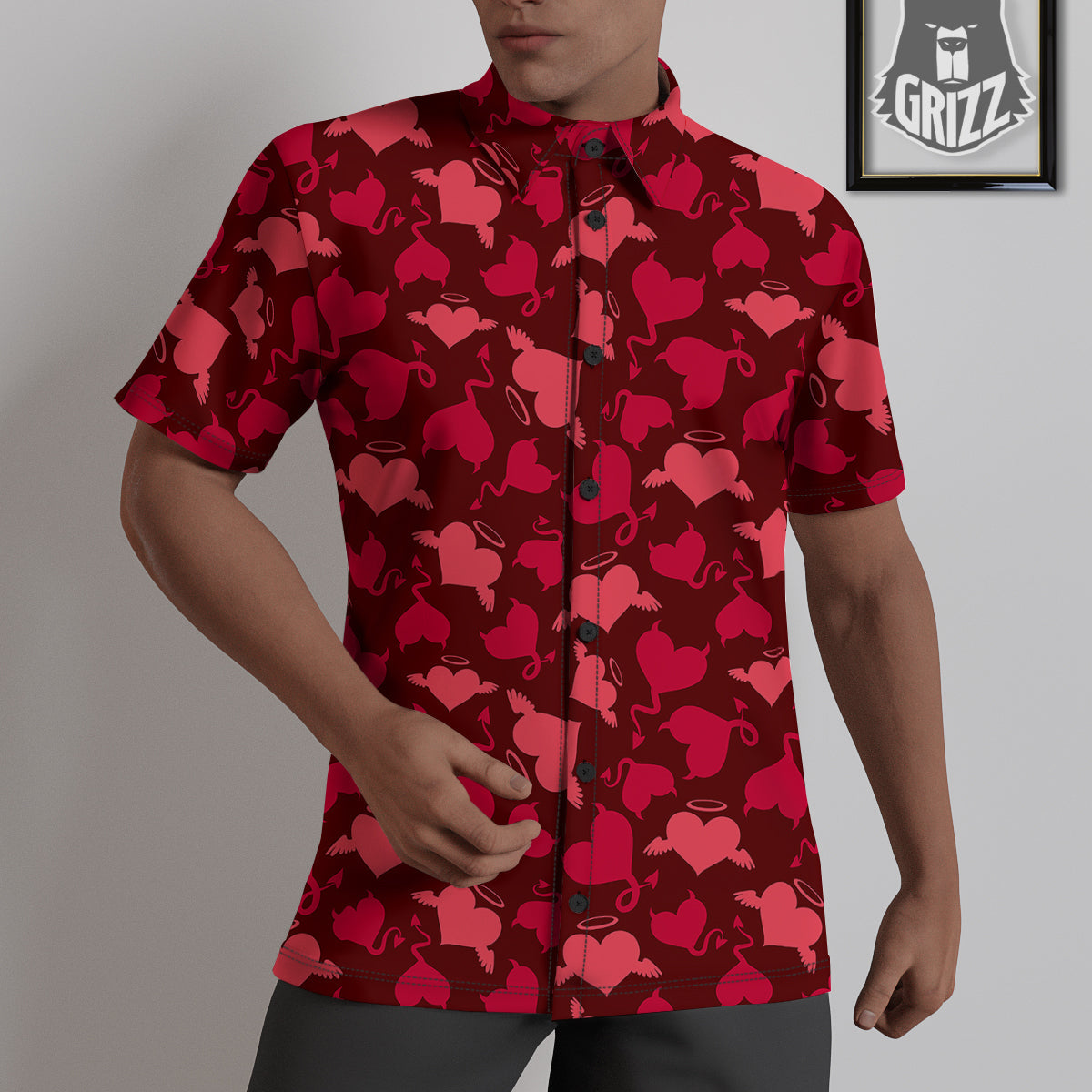 Devil And Angel Hearts Print Pattern Untucked Shirts-grizzshop