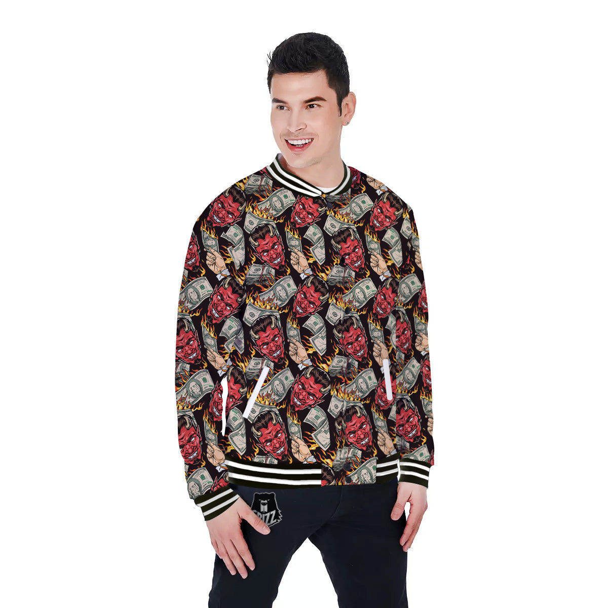 Devil And Dollar Print Pattern Baseball Jacket-grizzshop
