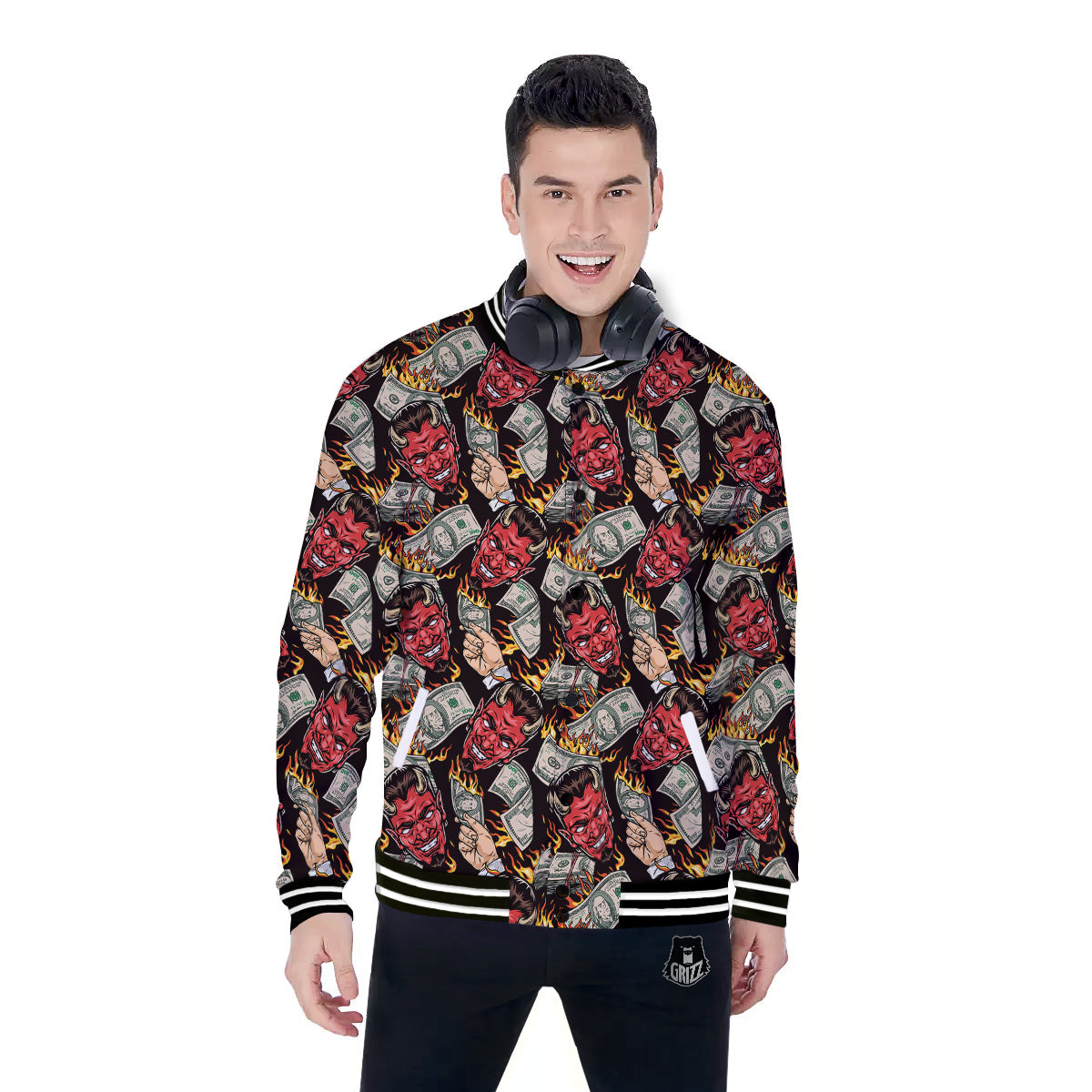 Devil And Dollar Print Pattern Baseball Jacket-grizzshop