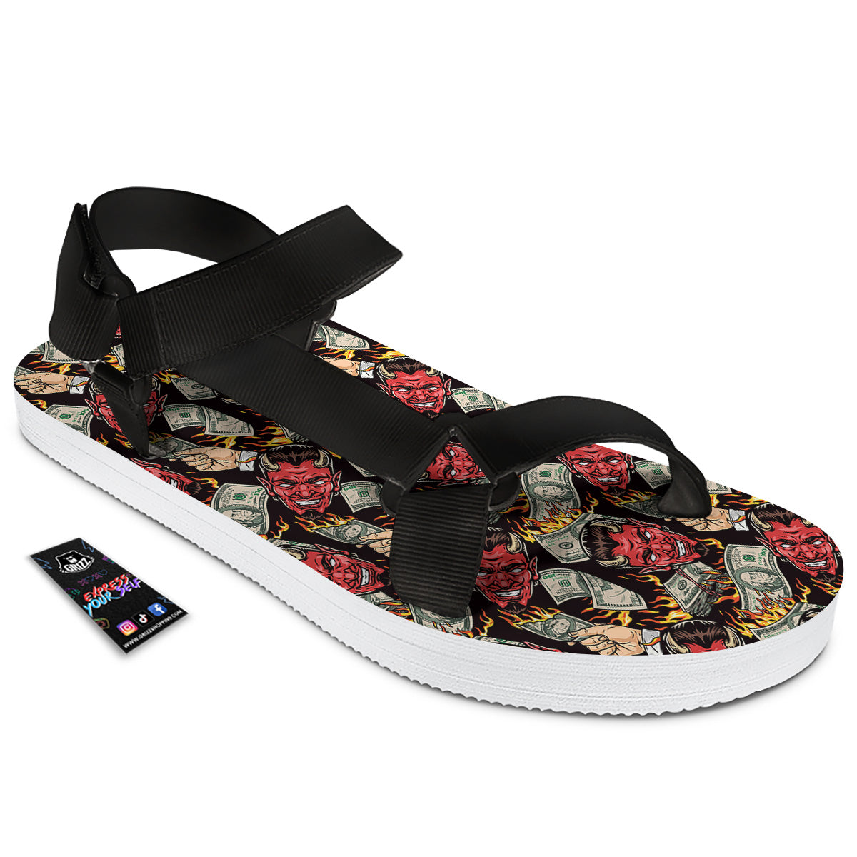 Devil And Dollar Print Pattern Black Open Toe Sandals-grizzshop
