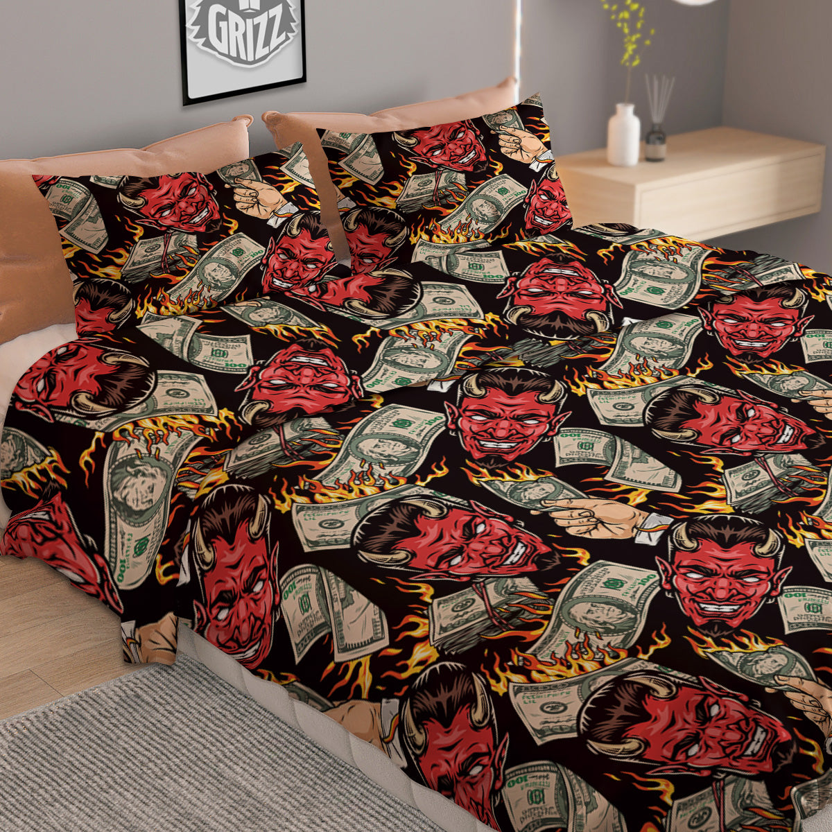 Devil And Dollar Print Pattern Duvet Cover Bedding Set