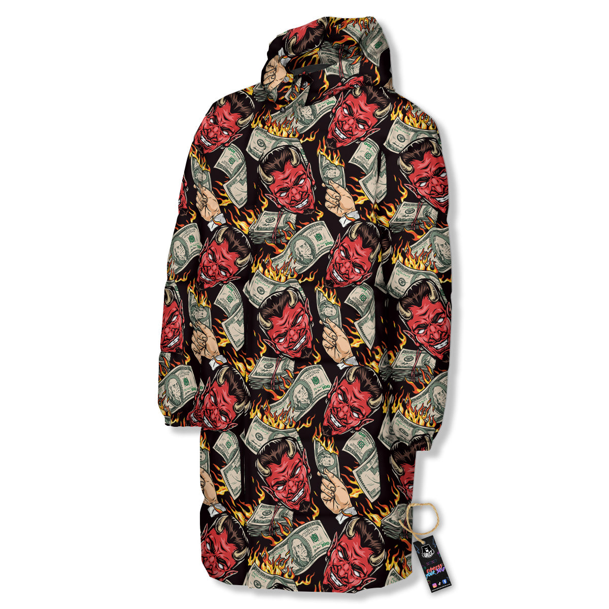 Devil And Dollar Print Pattern Long Down Jacket-grizzshop