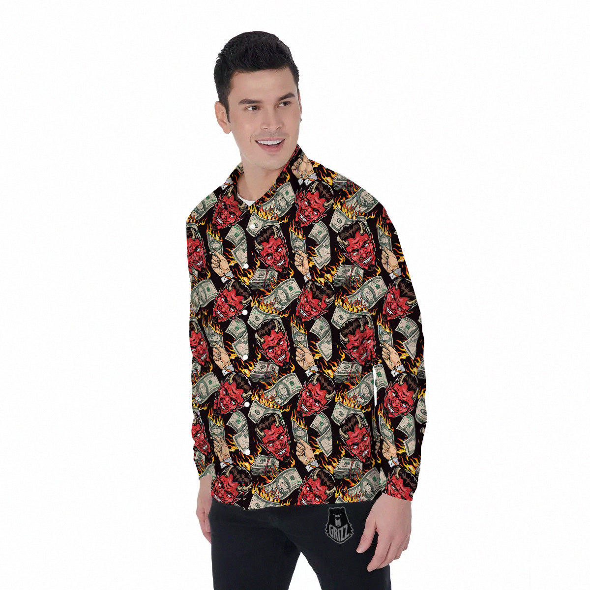 Devil And Dollar Print Pattern Men's Long Sleeve Shirts-grizzshop