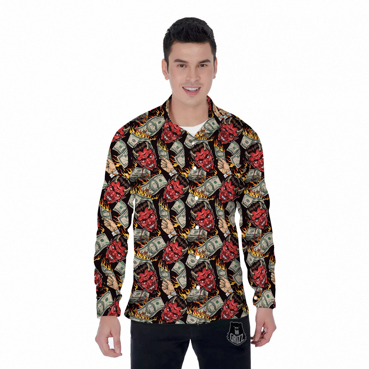 Devil And Dollar Print Pattern Men's Long Sleeve Shirts-grizzshop