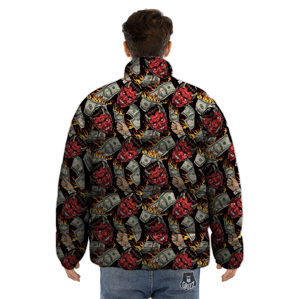 Devil And Dollar Print Pattern Puffer Jacket-grizzshop