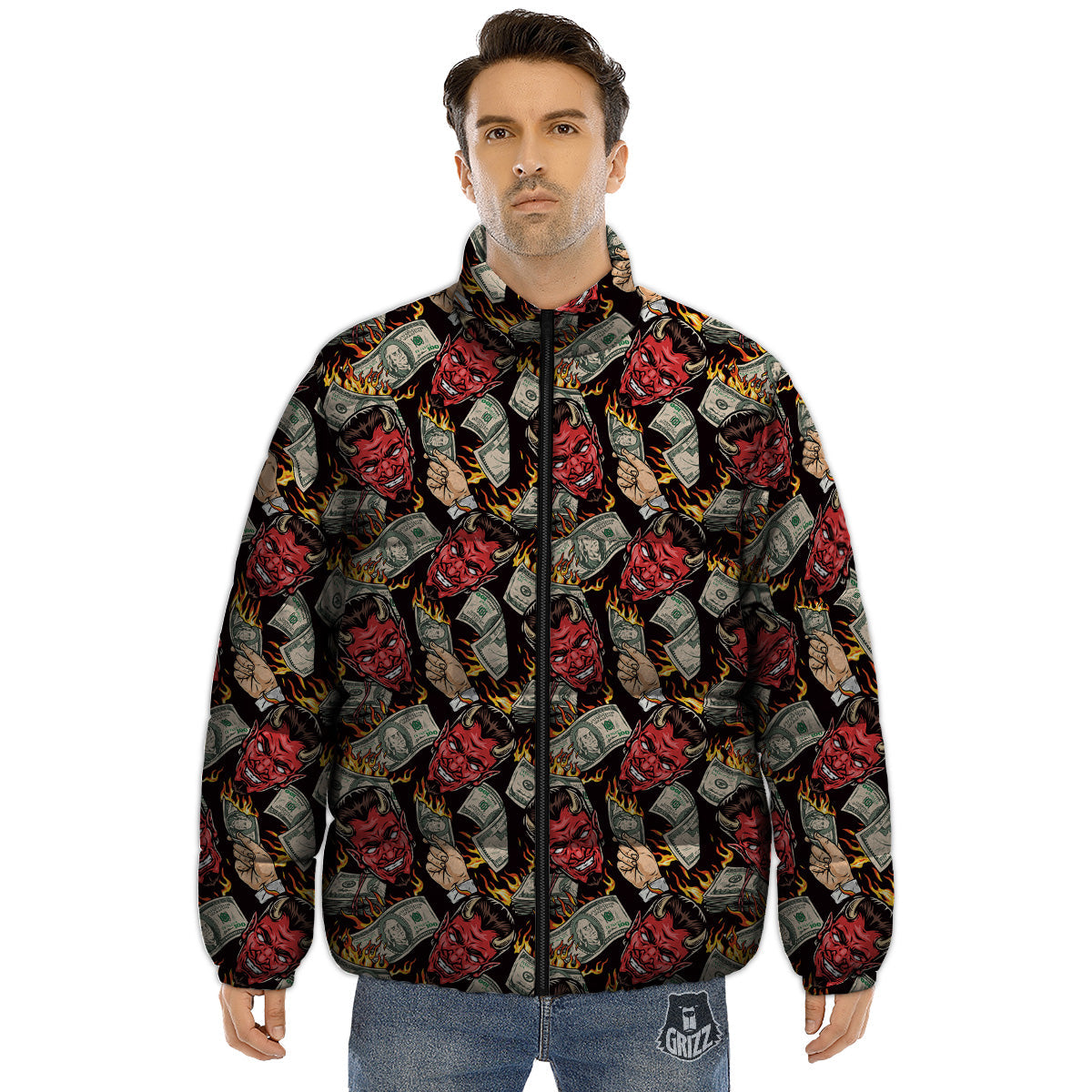 Devil And Dollar Print Pattern Puffer Jacket-grizzshop