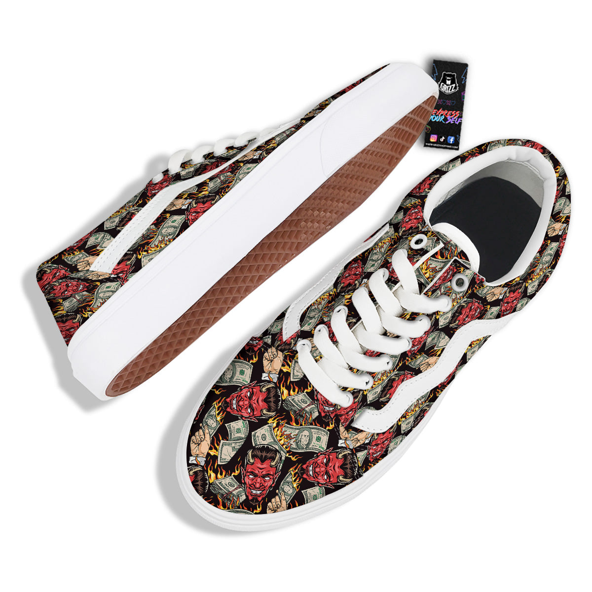 Devil And Dollar Print Pattern Skate Shoes-grizzshop