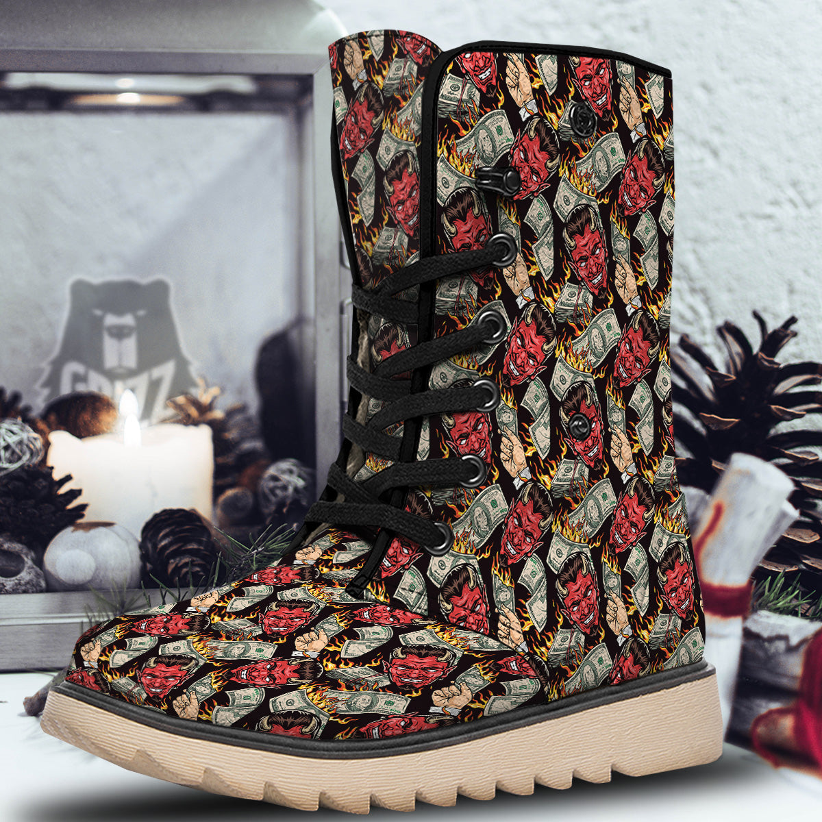 Devil And Dollar Print Pattern Snow Boots-grizzshop