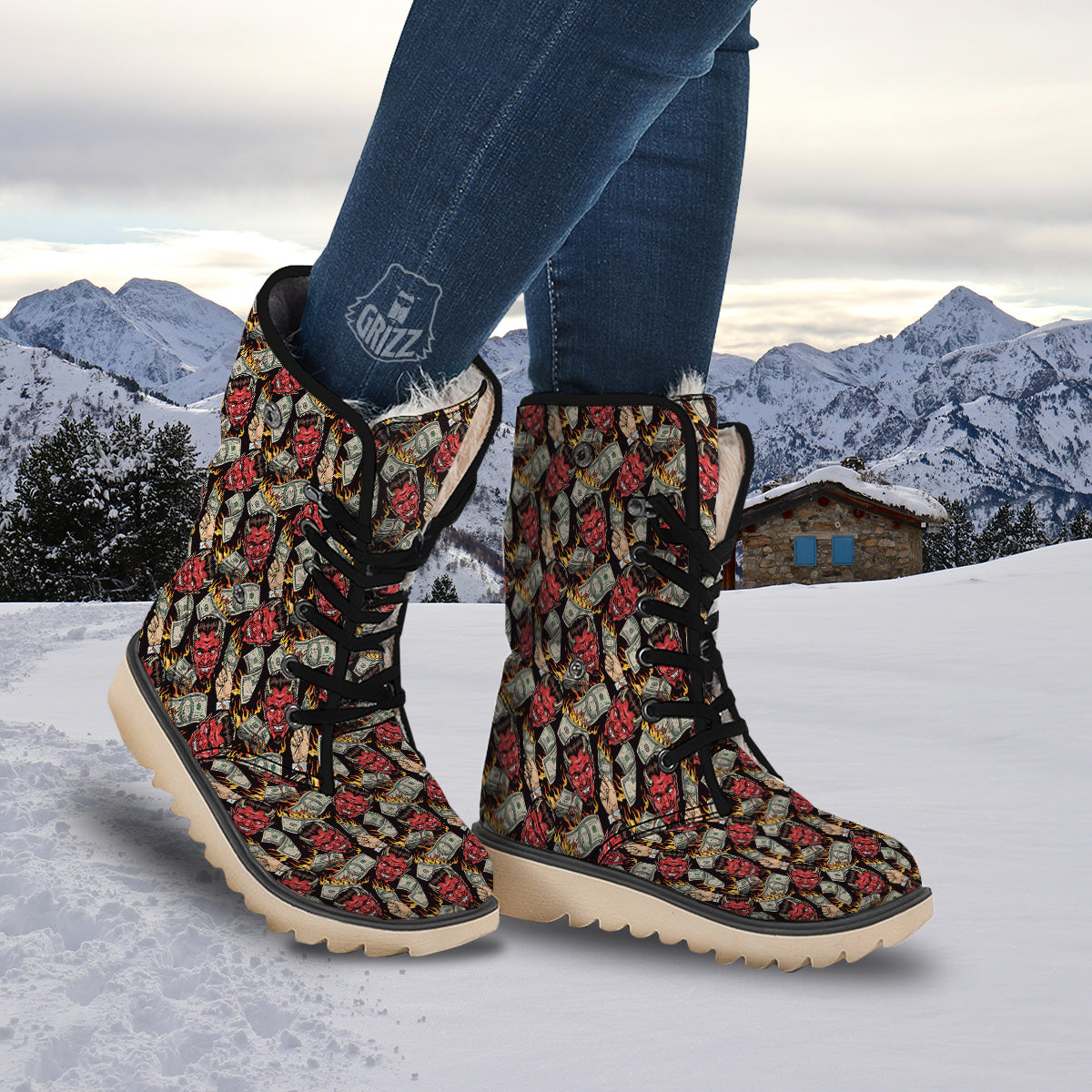 Devil And Dollar Print Pattern Snow Boots-grizzshop